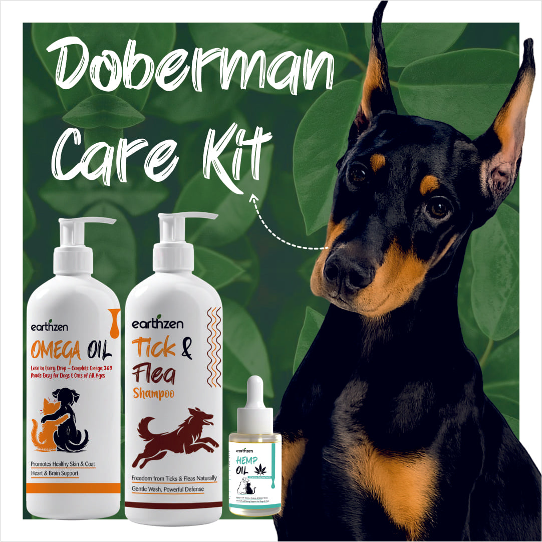 Doberman Care Kit with Earthzen Omega Oil, Tick & Flea Shampoo, and other products on a green leafy background.