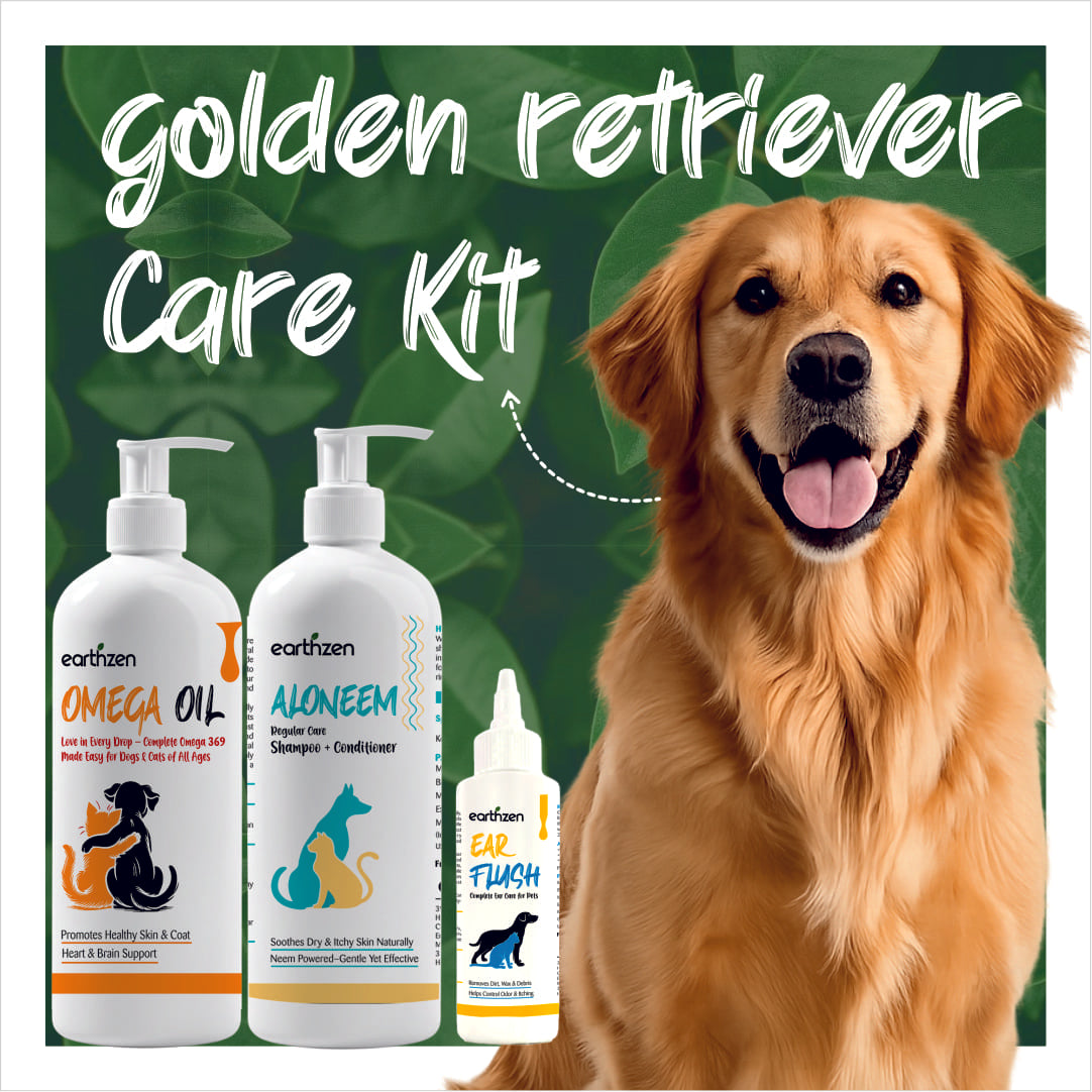 Golden retriever care kit with three Earthzen pet products on a green leafy background