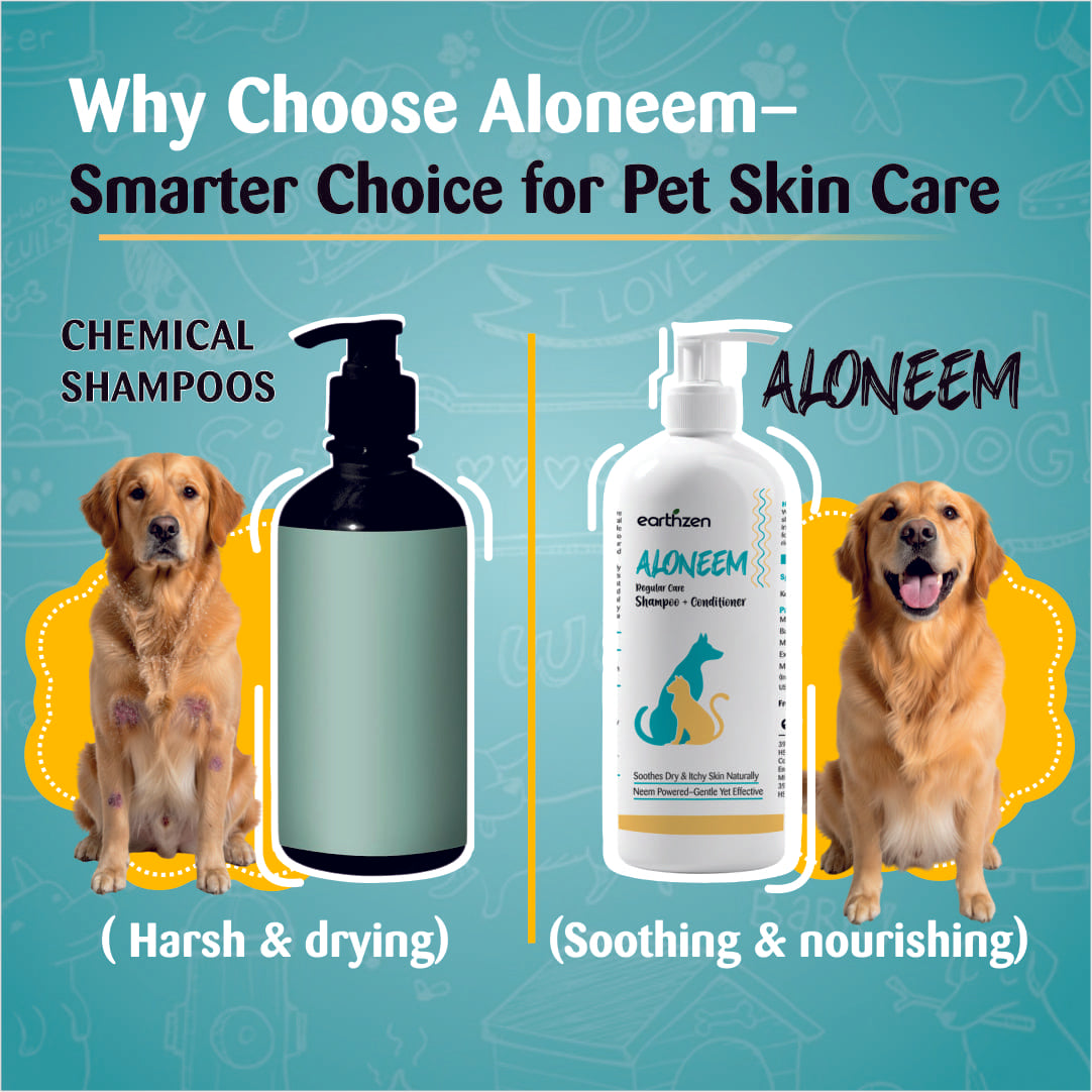 Comparison of chemical shampoos and Earthzen Aloneem pet skin care product with a dog on a green background.