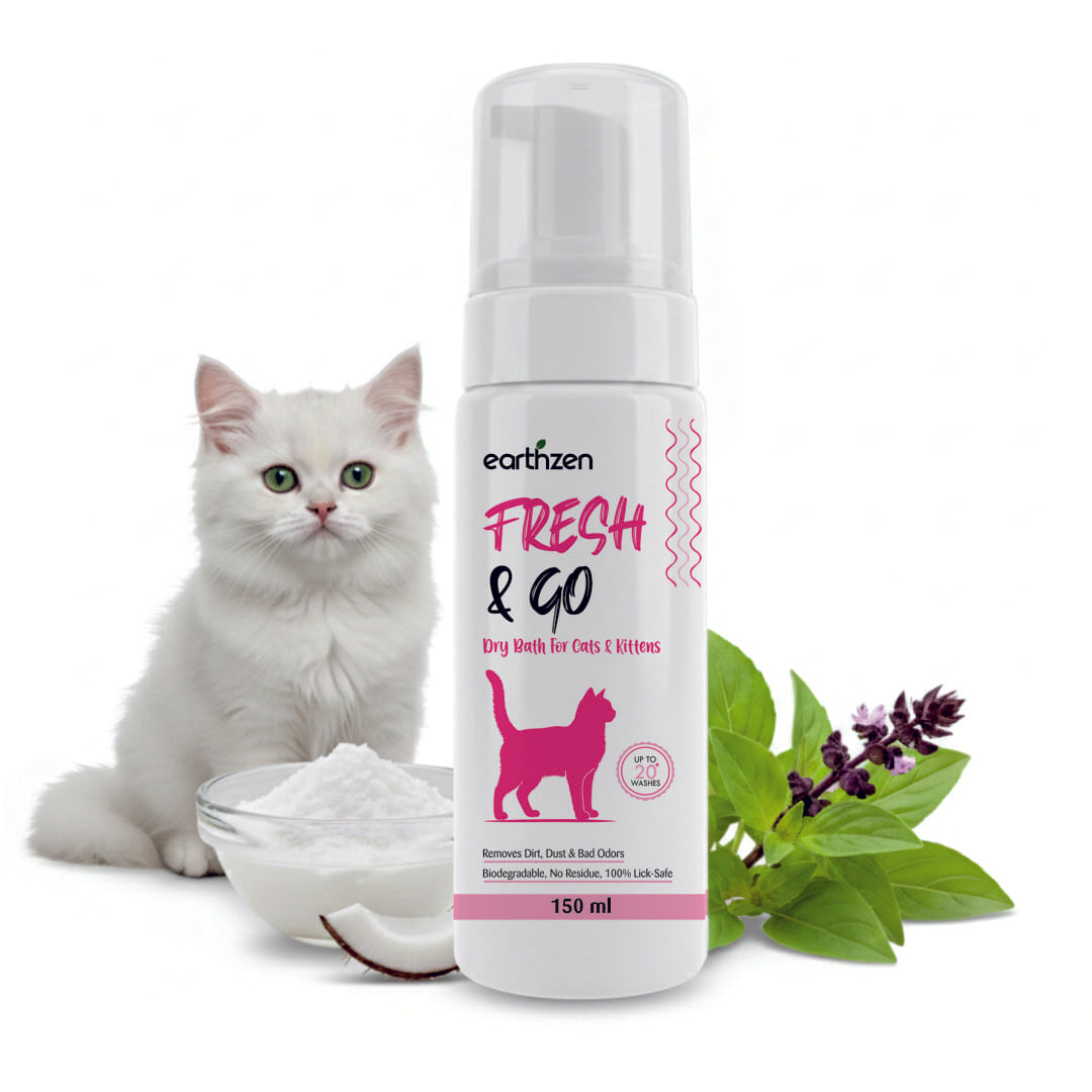 Cat with a bottle of 'Earthzen Fresh & Go' product on a white background