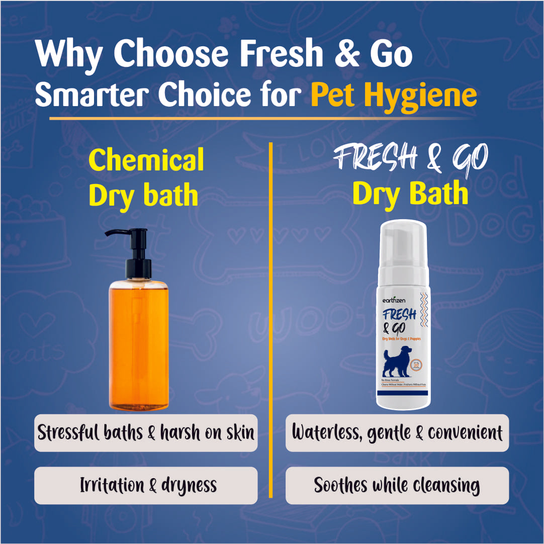 Earthzen Fresh and Go Shampoo Why choose Earthzen Fresh and Go informational cover image on blue background.