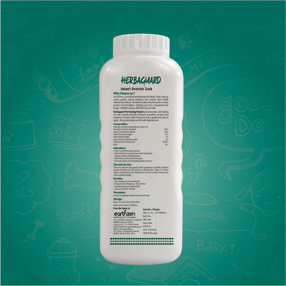 White bottle labeled 'Earthzen Herbaguard' on a green background