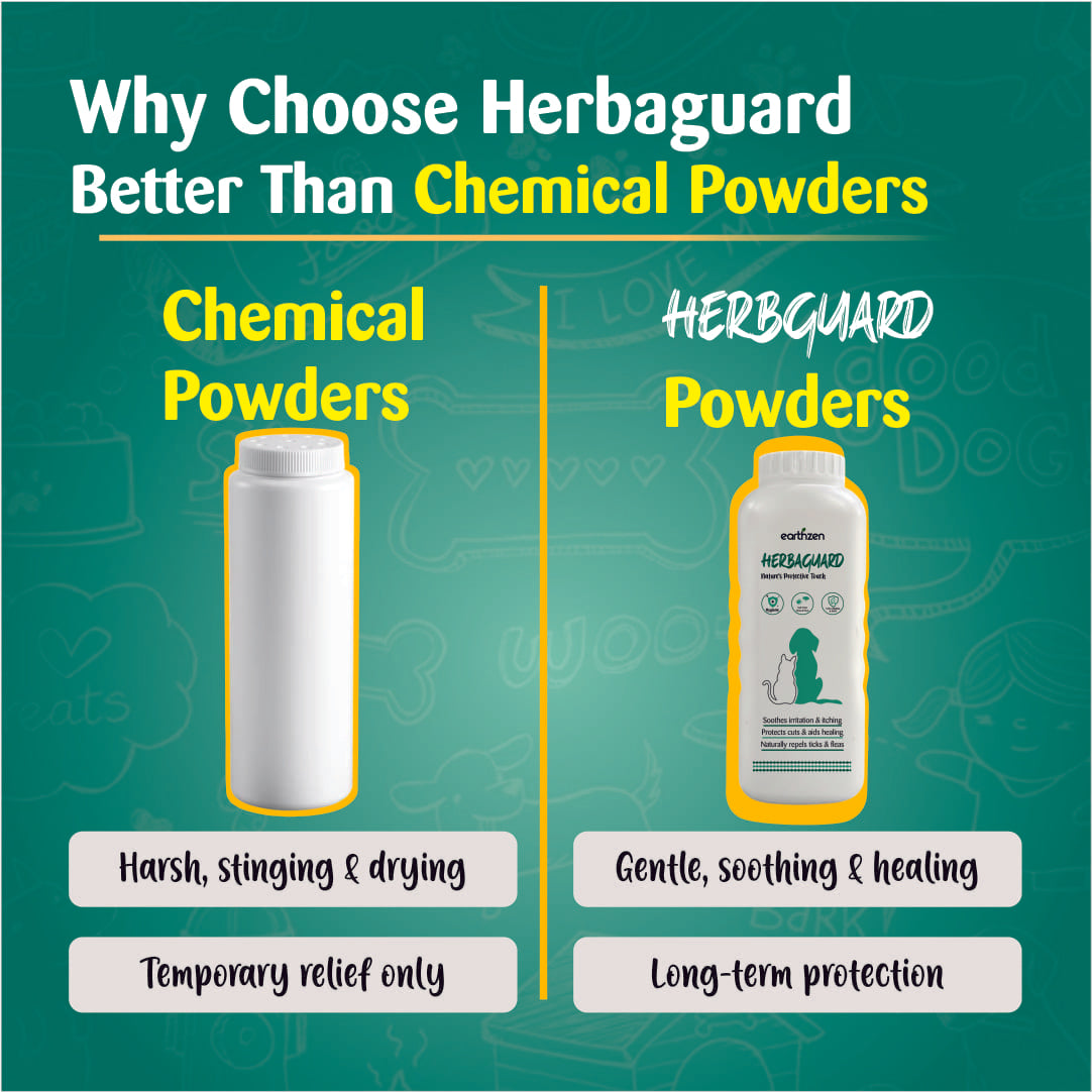 Comparison chart between chemical powders and Earthzen Herbaguard powders on a green background