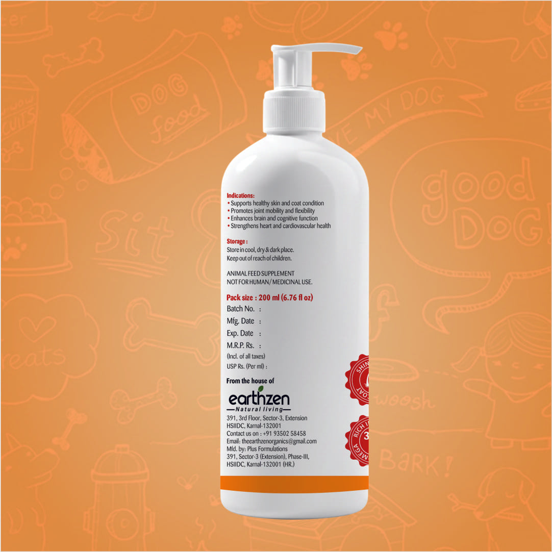 Earthzen bottle with text on an orange background featuring dog-related illustrations