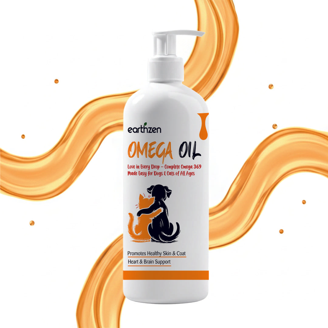 Earthzen Omega Oil bottle for pets with orange abstract design on a white background