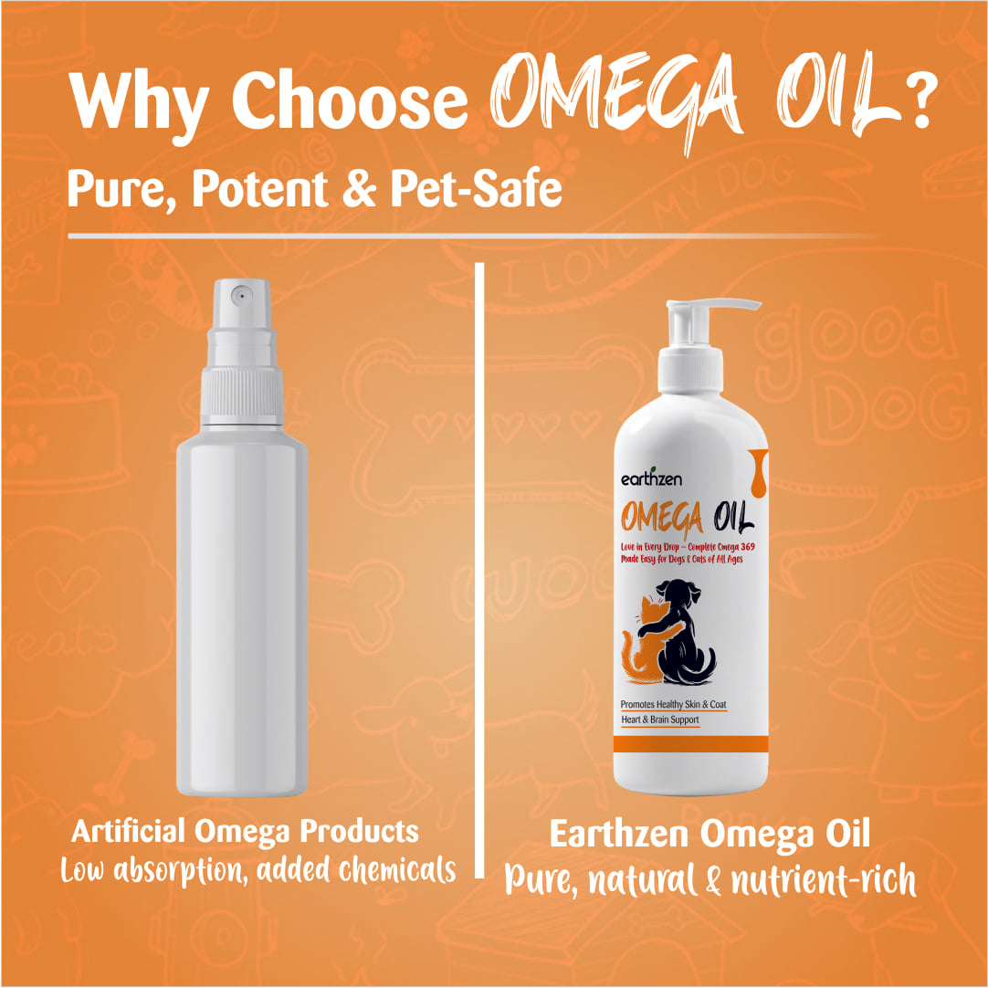 Earthzen Omega Oil product with comparison to artificial omega products on an orange background