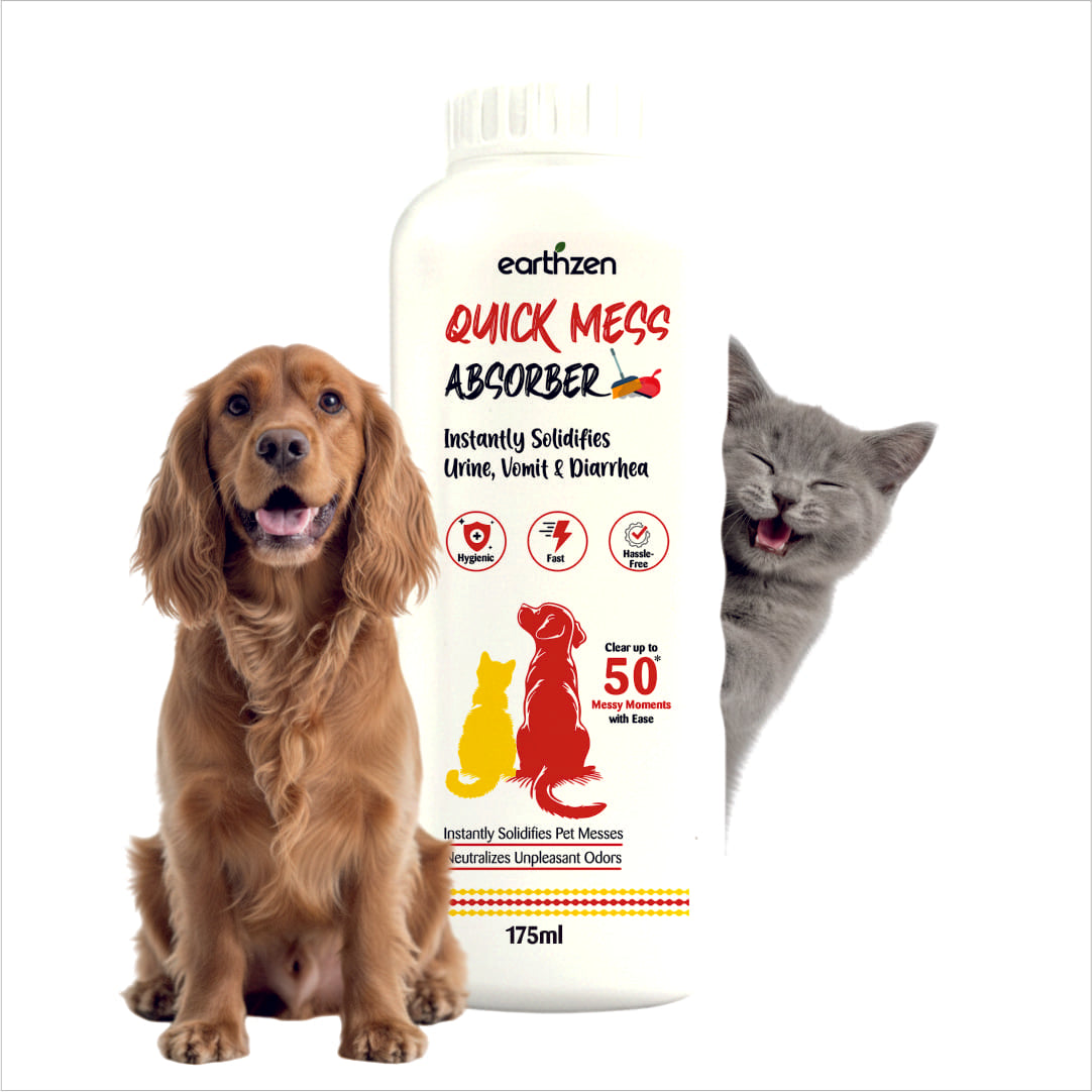 Earthzen Quick Mess Absorber bottle with a dog and cat on a white background