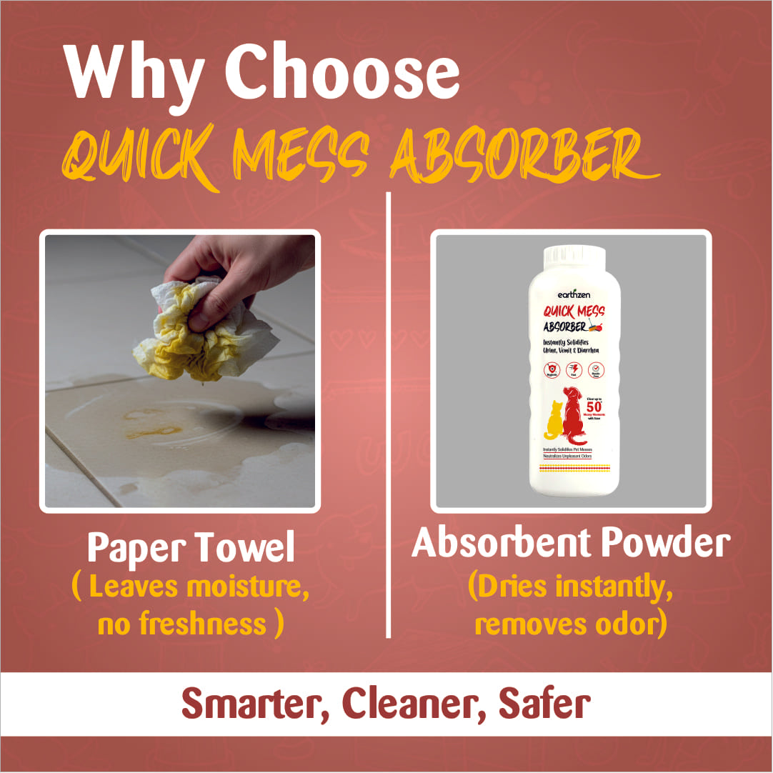 Advertisement for Earthzen Quick Mess Absorber with text and images of product use.