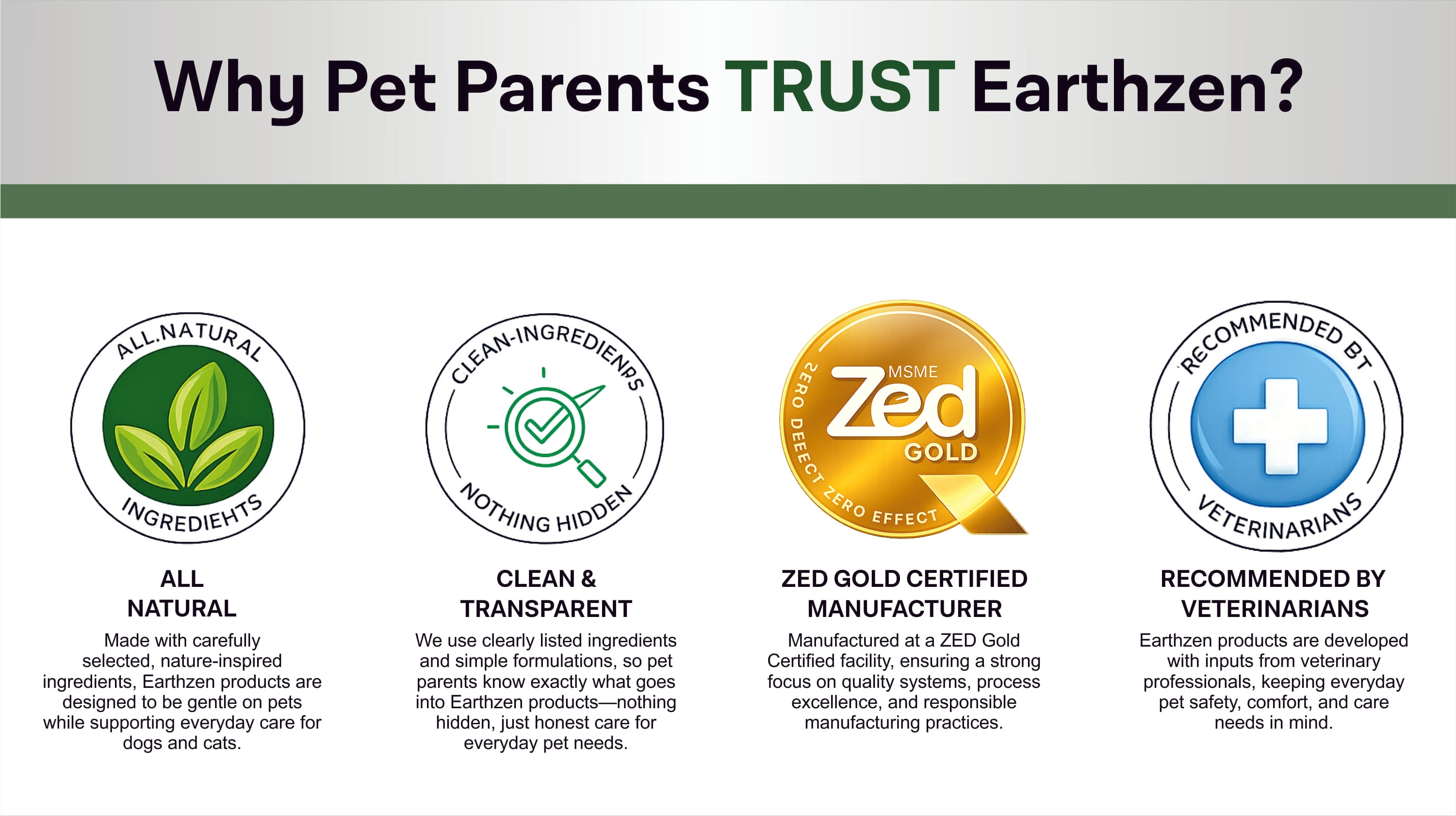 Earthzen product features with icons and text on a white background