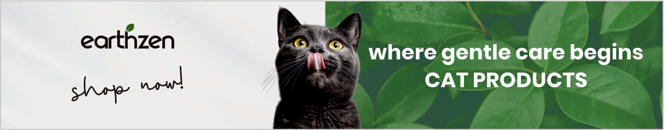 Earthzen cat products banner with a black cat and green leaves.