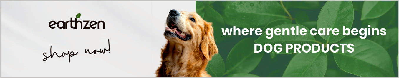 Dog product banner with a dog and green leaves, featuring the brand Earthzen.