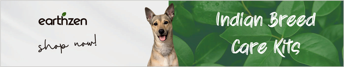 Dog on a green leaf background with text about Earthzen Indian breed care kits and a call to action.