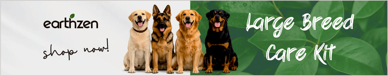 Earthzen banner for a large breed care kit with four dogs sitting on a green leafy background.