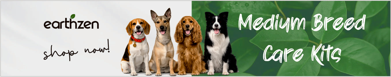 Earthzen banner for medium breed care kits featuring four dogs on a green leafy background.