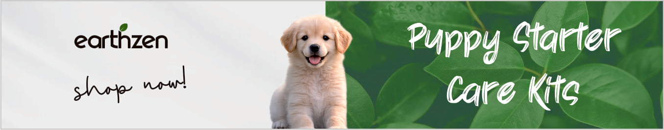 Puppy on a green leaf background with Earthzen branding and text about puppy starter care kits.