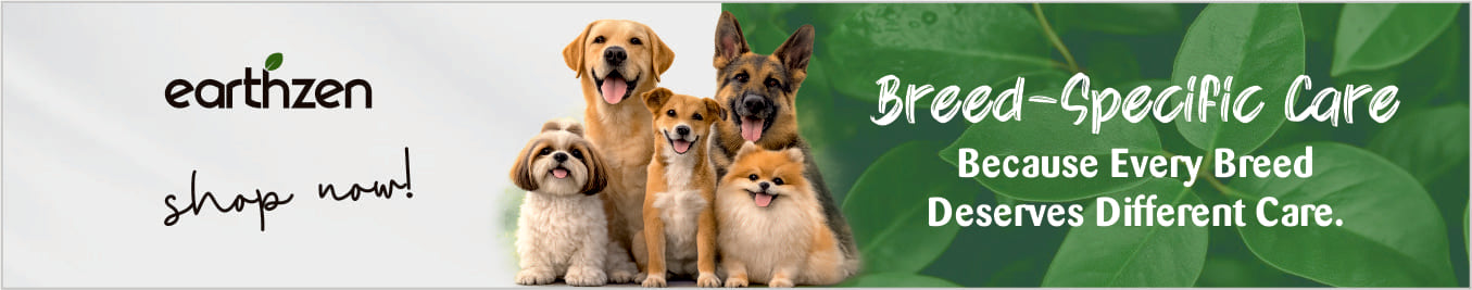 Promotional banner for Earthzen with text 'Breed-Specific Care' and 'Shop Now!' featuring images of dogs.