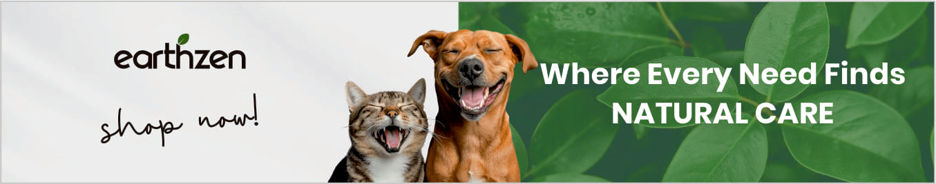 Advertisement featuring a dog and cat with the text 'Earthzen' and 'Where Every Need Finds Natural Care' on a green background.