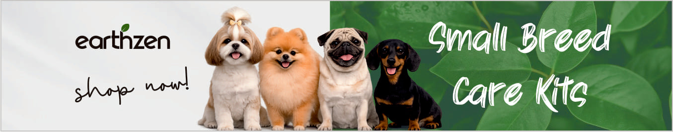Earthzen banner for small breed care kits featuring four dogs on a green leafy background.