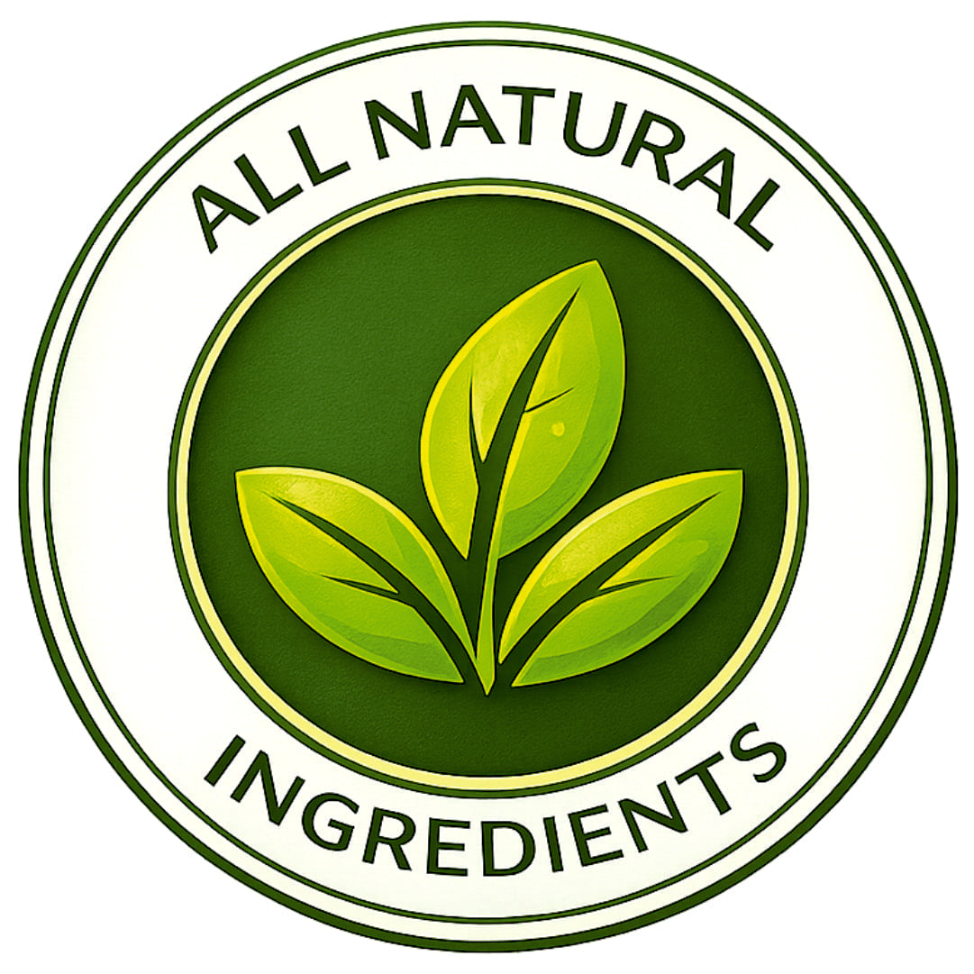 Logo with green leaves and 'All Natural Ingredients' text on a white background