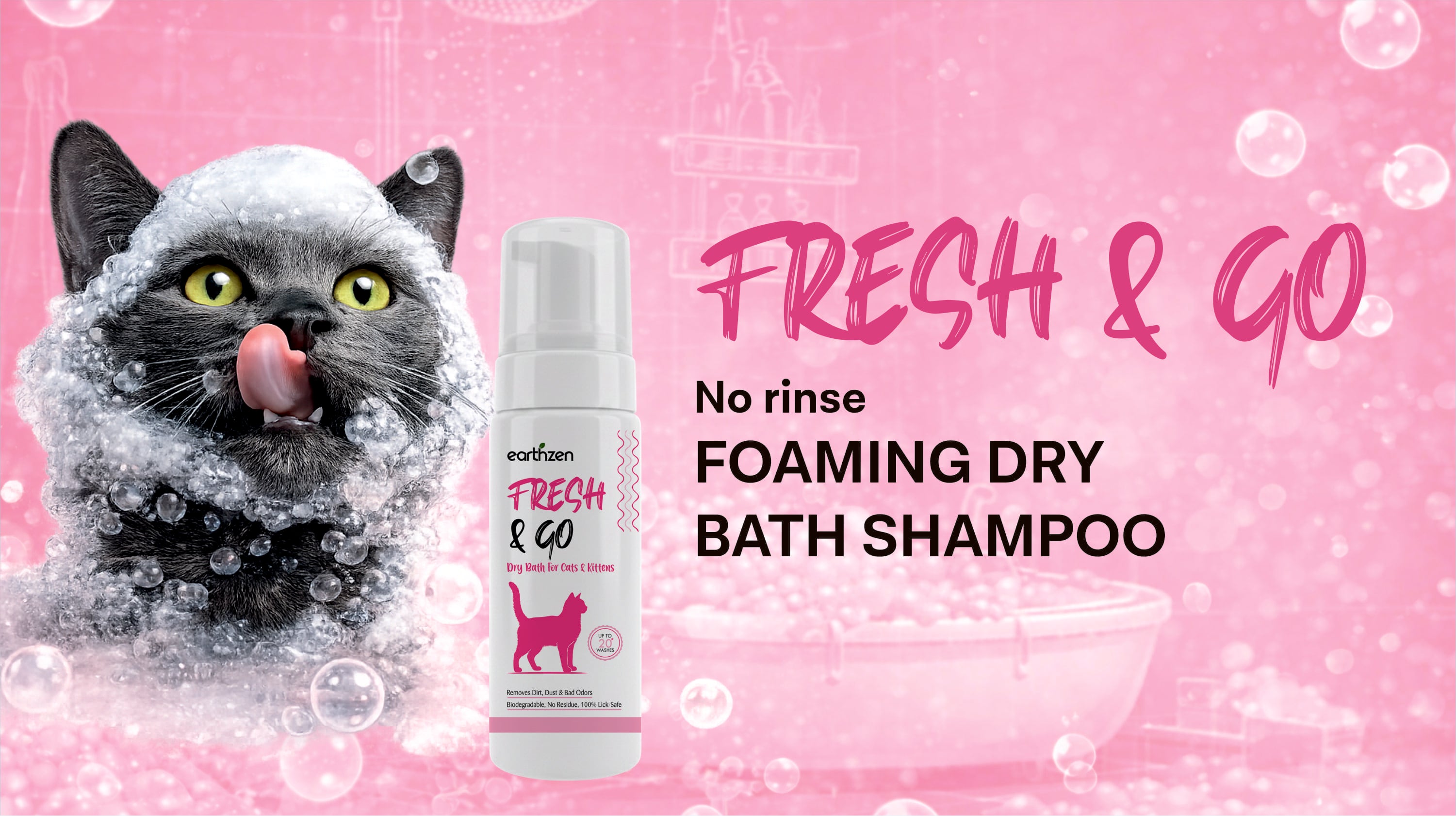 Cat with soap suds and 'Fresh & Go' no-rinse foaming dry bath shampoo on a pink background