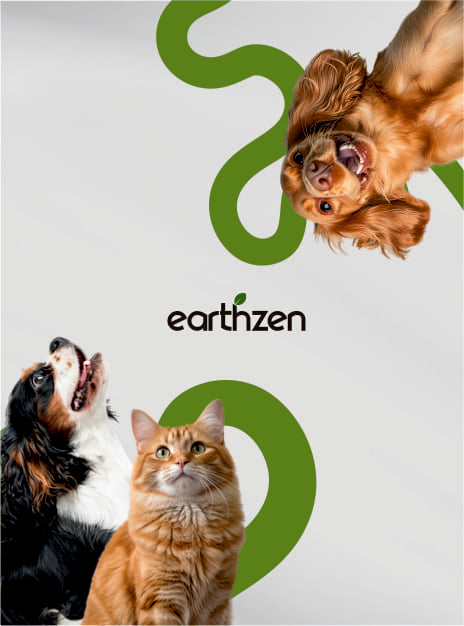 Three animals (two dogs and a cat) with the Earthzen brand logo on a light gray background.