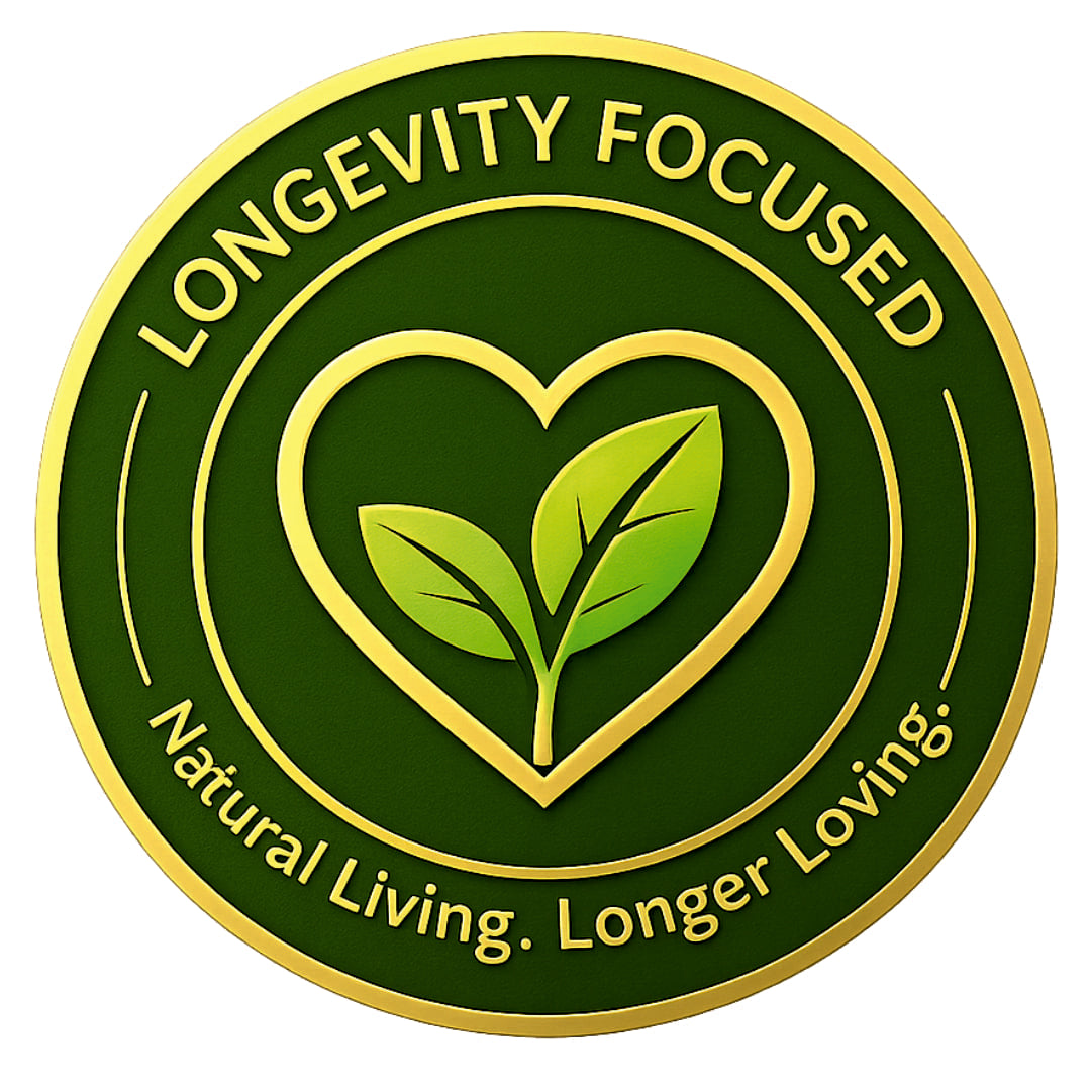 Circular logo with green leaves inside a heart, surrounded by text on a white background