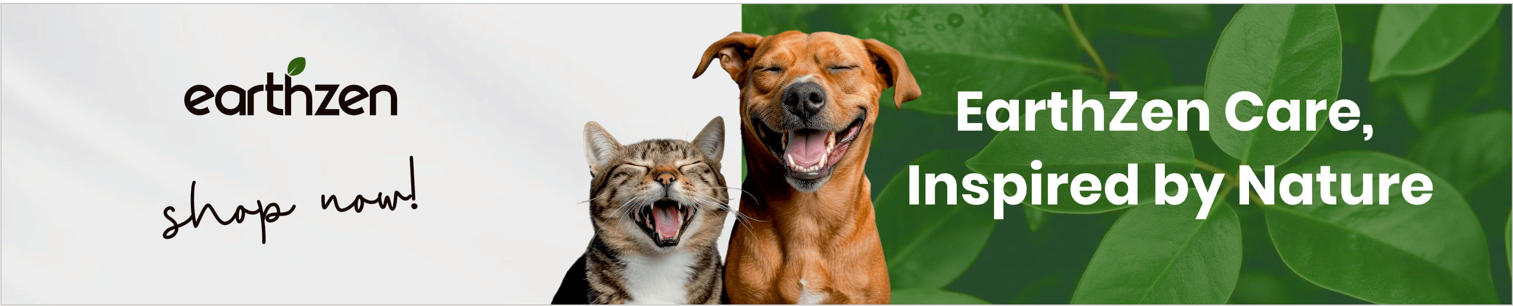 Promotional banner for EarthZen with a cat and dog illustration and text about nature-inspired care products.