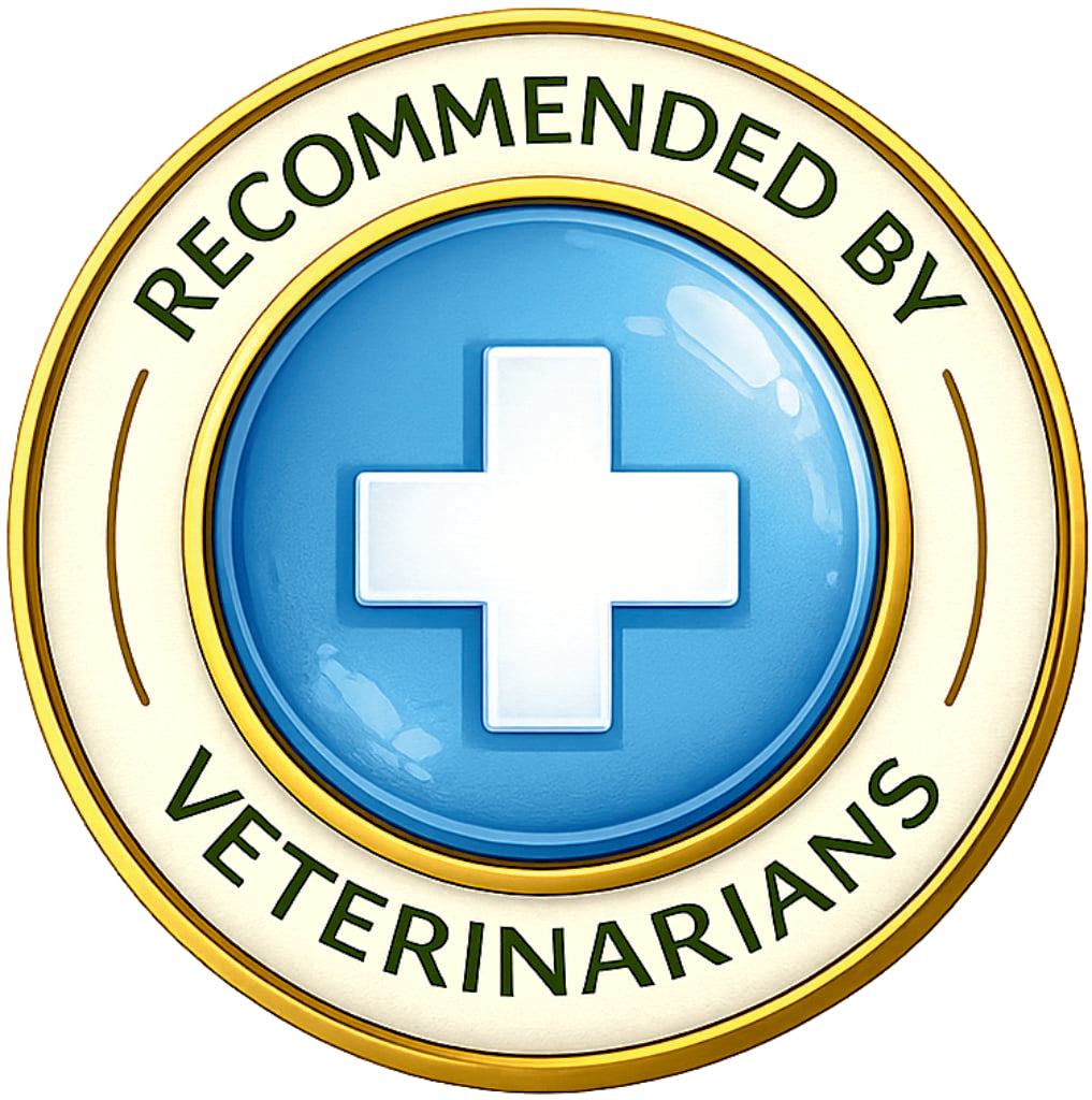 Circular badge with a blue center and white cross symbol, surrounded by gold and green text 'Recommended by Veterinarians'.