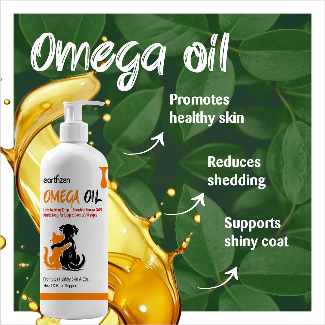 Earthzen Omega Oil product with green leaves and oil splashes on a white background