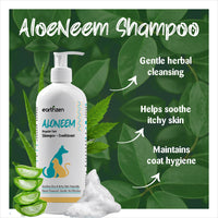 Earthzen Aloeneem shampoo bottle with green leaves and aloe vera slices on a green background