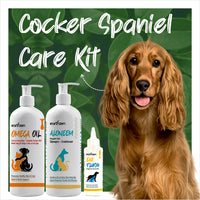 Cocker Spaniel Care Kit with three pet care products and a dog on a green leafy background
