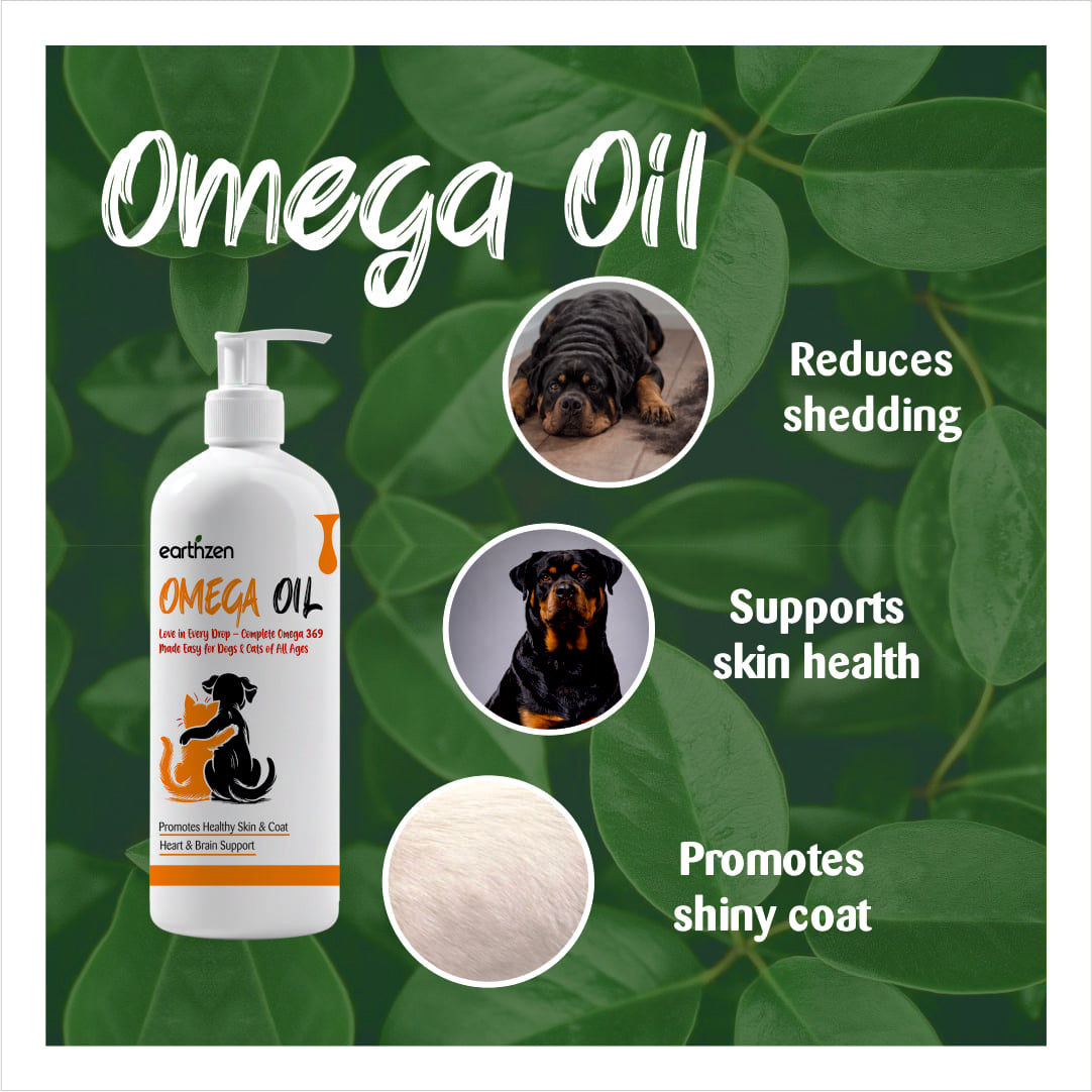 Omega oil bottle for dogs with benefits on a green leafy background