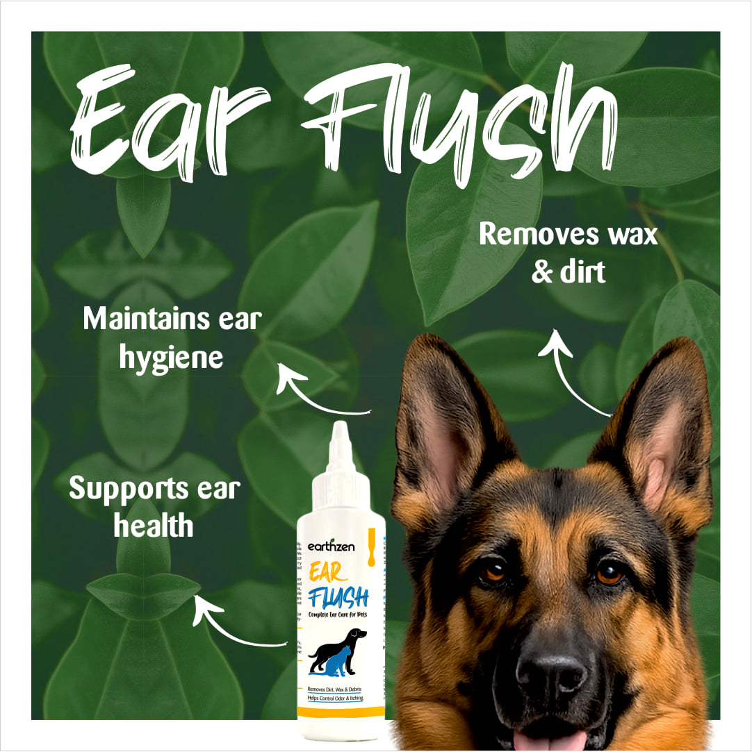 Dog ear wash product with a German Shepherd on a green leafy background