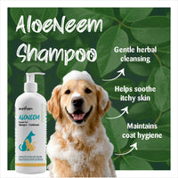 Earthzen Aloeneem shampoo bottle with a dog and green leaves in the background