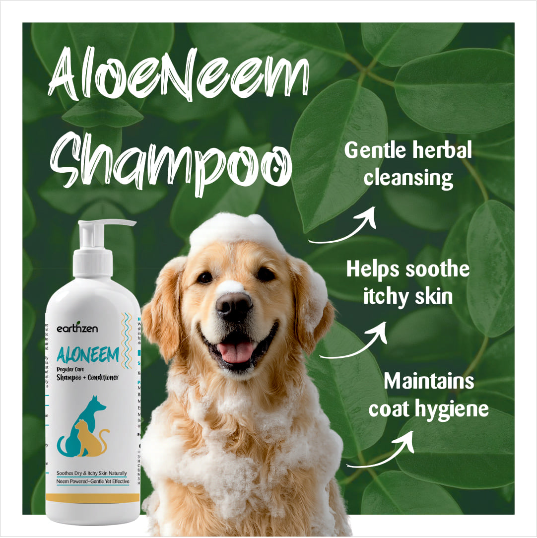 Earthzen Aloeneem shampoo bottle with a dog and green leaves in the background