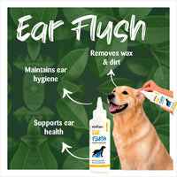 Dog ear cleaning product with a bottle and a dog on a green leafy background
