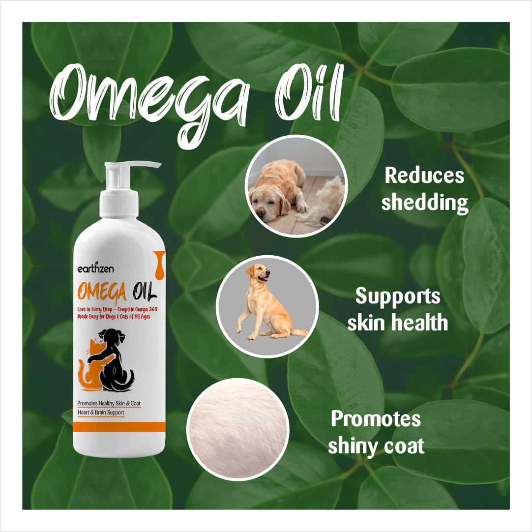 Earthzen Omega oil bottle for dogs with images of dogs and text on a green leafy background