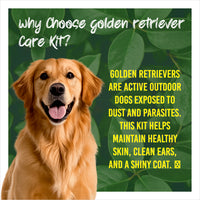 Golden retriever with text about choosing a care kit on a green leafy background