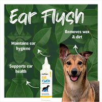Dog ear flush product with a smiling dog and green leaves in the background
