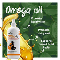 Earthzen Omega Oil bottle with benefits text on a green leafy background