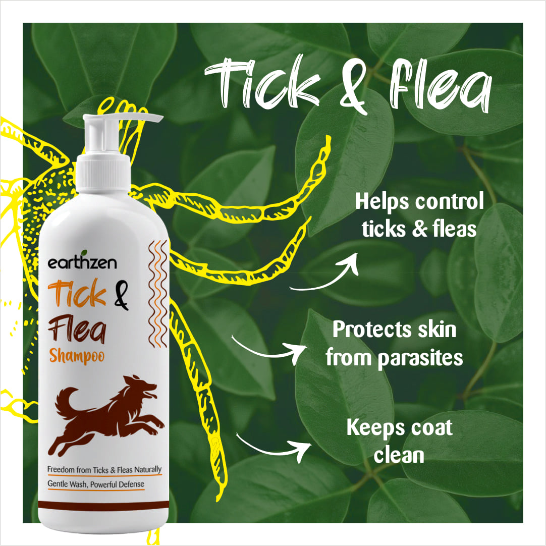Earthzen Tick & Flea Shampoo bottle with green leaves in the background