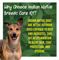 Dog with text about Indian native breeds care kit on a green leafy background