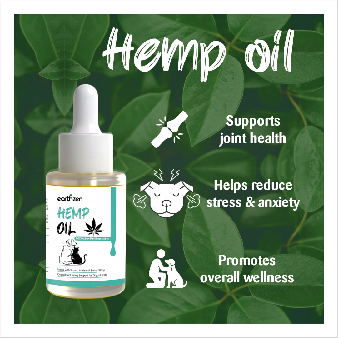 Earthzen Hemp oil bottle with benefits text on a green leafy background