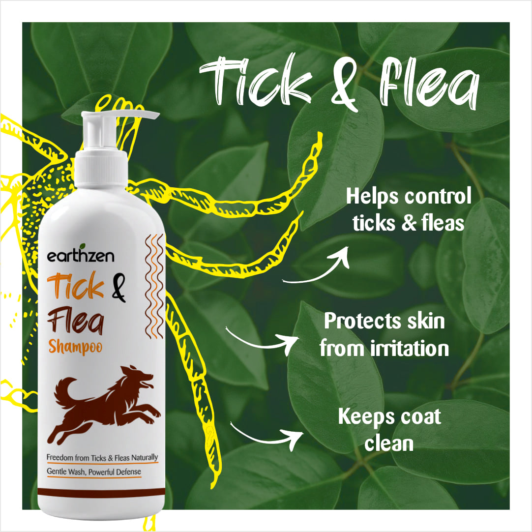 Earthzen Tick & Flea Shampoo bottle with green leaves in the background