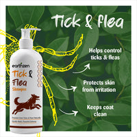 Earthzen Tick & Flea Shampoo bottle with green leaves in the background