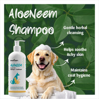 Aloeneem shampoo bottle with a dog and green leaves in the background