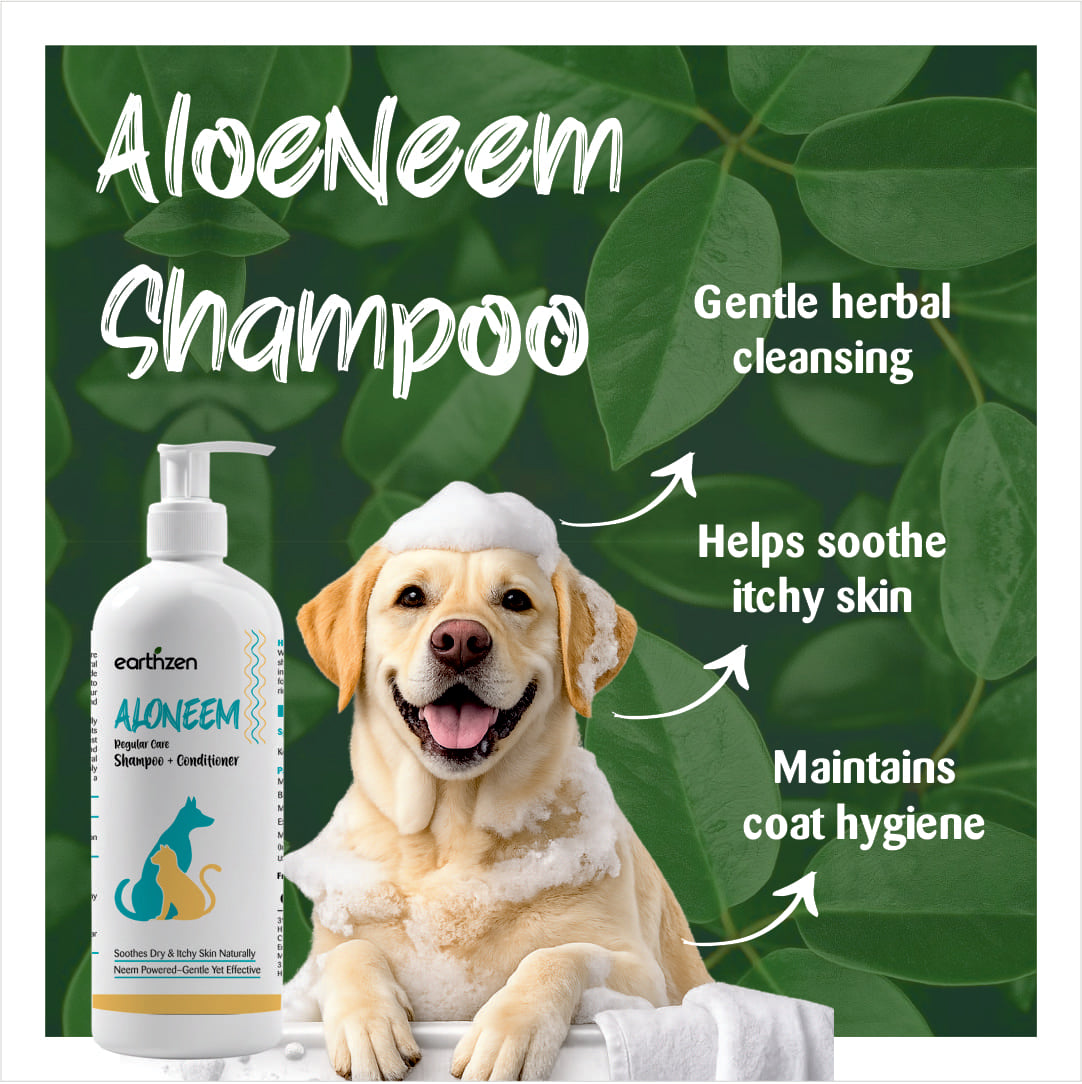 Aloeneem shampoo bottle with a dog and green leaves in the background