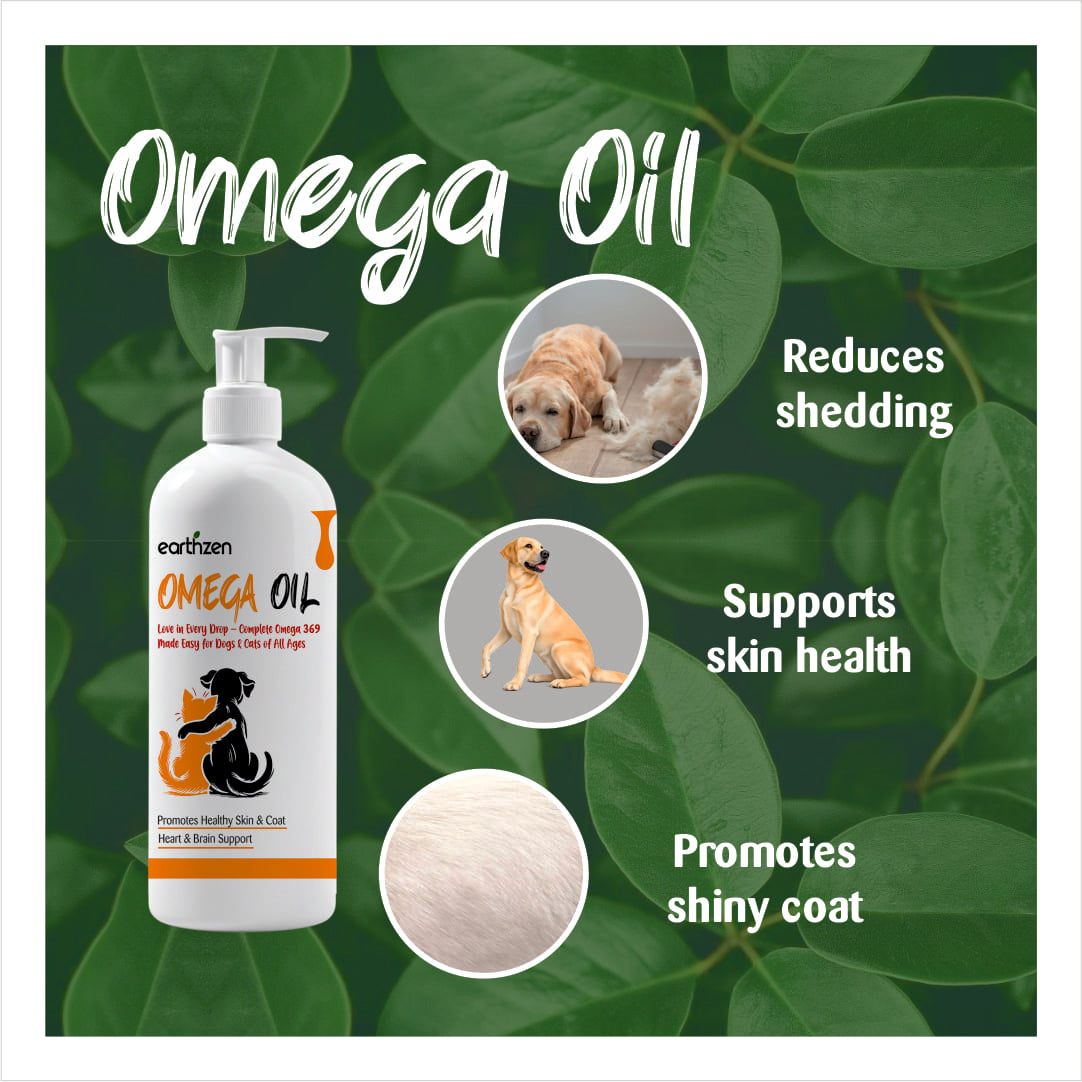 Earthzen Omega oil bottle for dogs with images of dogs and text on a green leafy background