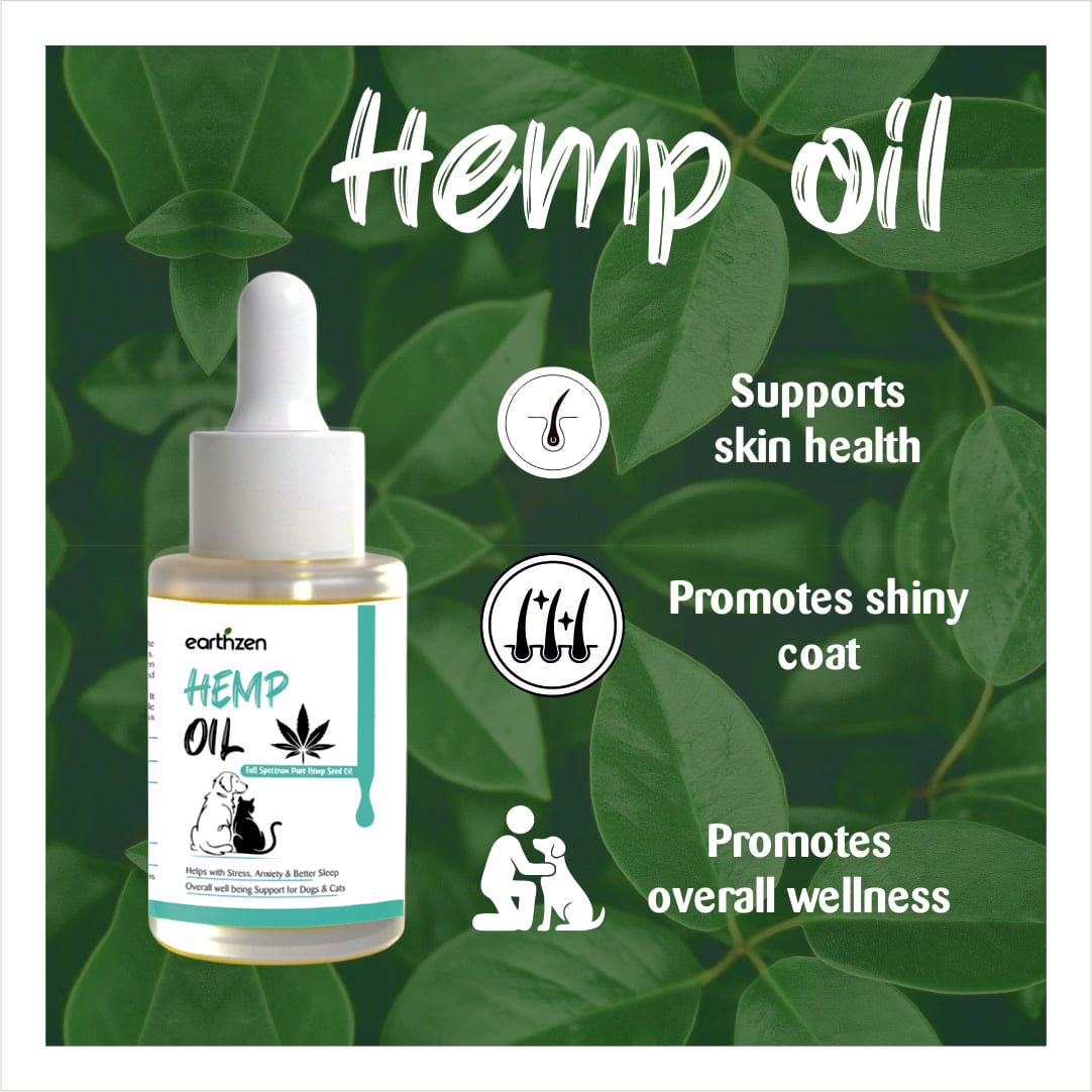 Earthzen Hemp oil bottle with benefits on a green leafy background