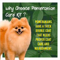 Pomeranian dog with text about choosing a care kit on a green leafy background
